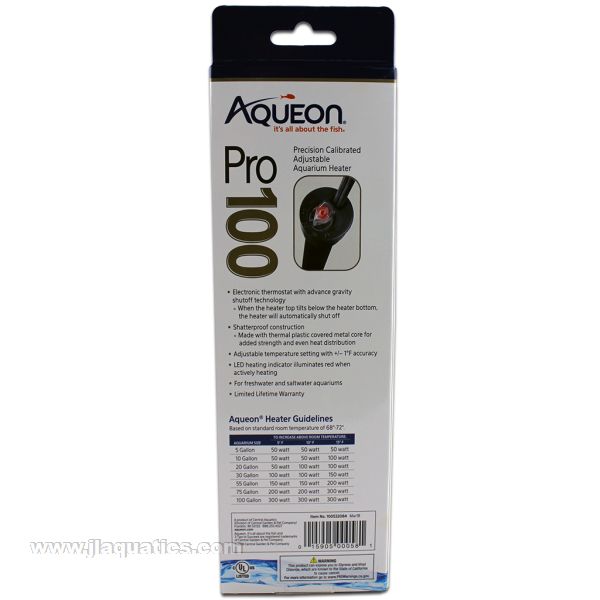 Aqueon Pro Aquarium Heater - 100 Watt features and sizing chart