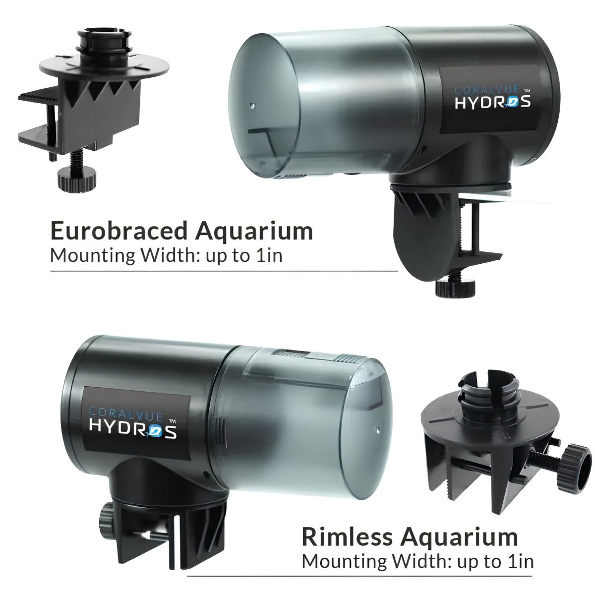 Hydros Automatic Fish Feeder mounting compatibility with both euro braced aquarium and rimless aquarium