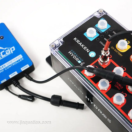 Hydros Force Port 24v Adapter Cable showing the  kraken aquarium power center connected to an aquarium pump that is 24v