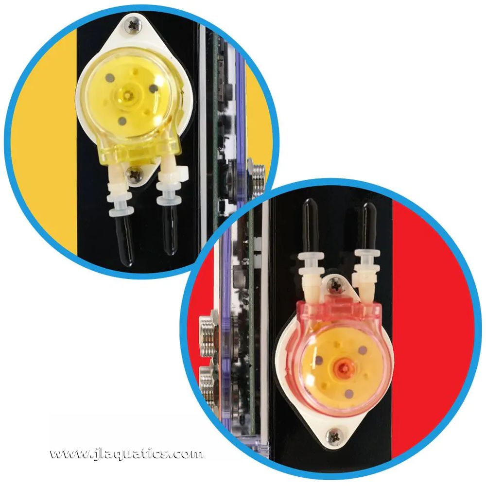 Hydros Minnow close-up of both aquarium dosing pumps that are included with this controller