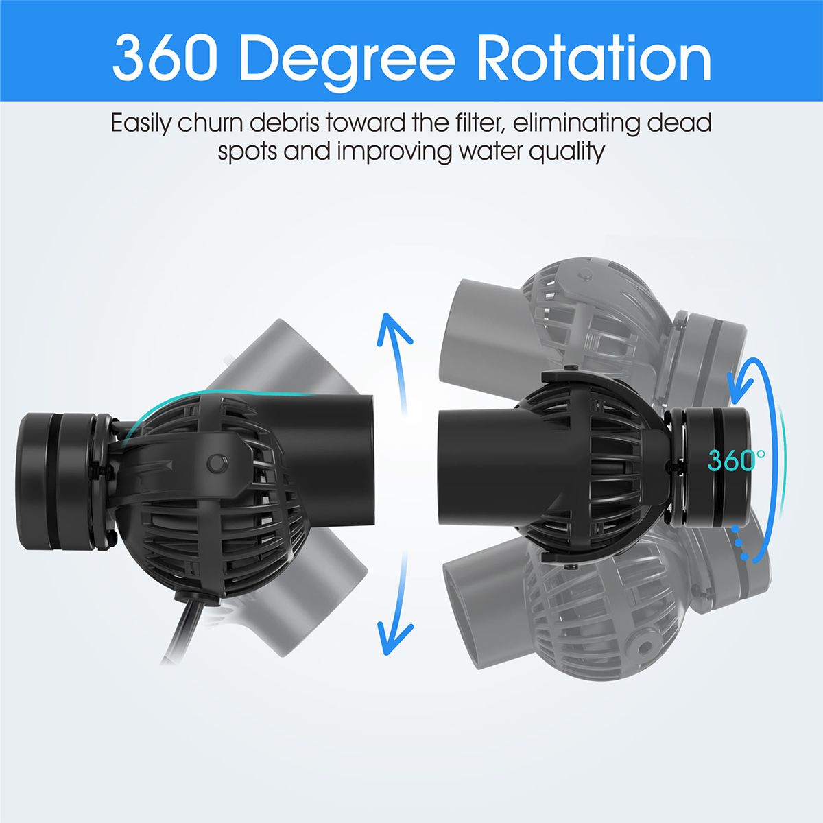 Hygger Mini Powerhead offers 360 degree rotation,  allowing it to easily churn debris towards the filter.