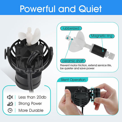 Hygger Mini Powerhead - 1320GPH is powerful and quiet, with a ceramic shaft, magnetic ring and rubberized tip for durability and silent operation.