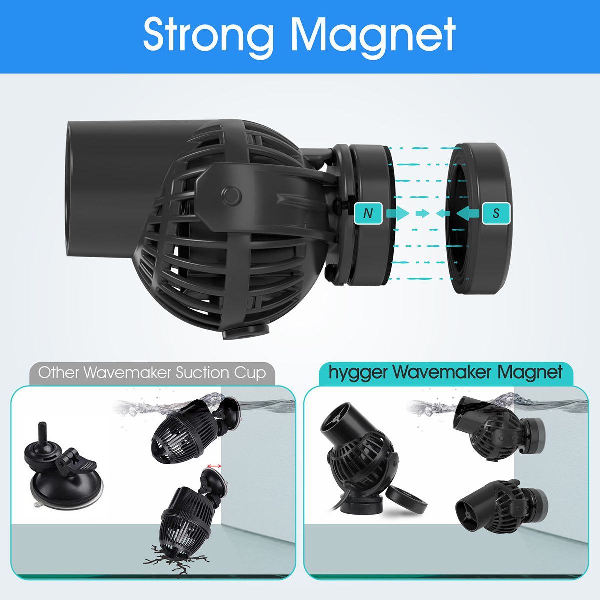 Hygger Mini Powerhead - 1320GPH offers a strong magnetic attach mechanism, for increased stability