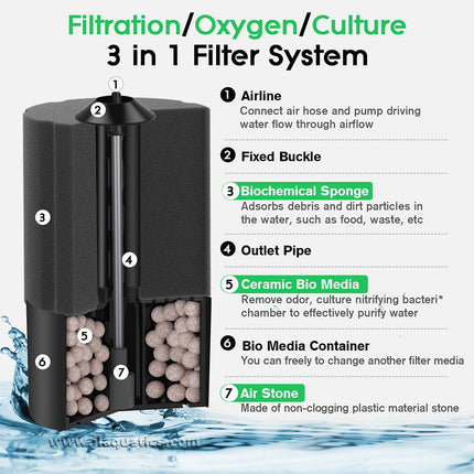 The Hygger 2-in-1 Sponge Filter contains a compartment for bio-media or carbon to help achieve maximum aquarium fish tank filtration.
