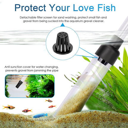 Hygger 3-in-1 Aquarium Gravel comes a strainer to help protect small fish.