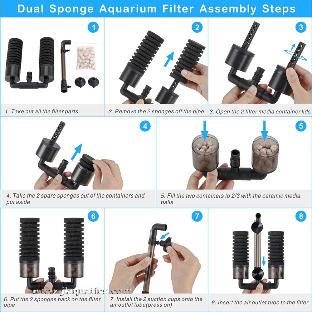 The Small Hygger Dual Multifunction Sponge Filter assembly instructions.