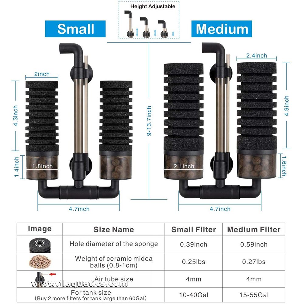 The Small Hygger Dual Multifunction Sponge Filter comparison between two different models of this aquarium water filter.