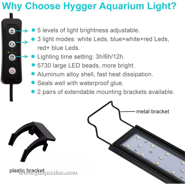 The Hygger Full Spectrum LED Aquarium Light offers a controller with several different options for handling brightness, color, and length of operation.