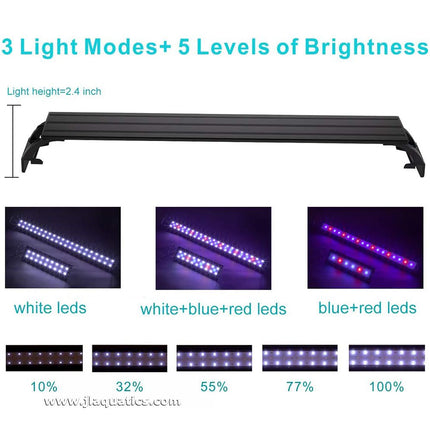 The Hygger Full Spectrum LED Aquarium Light offers 3 light modes and 5 levels of brightness.
