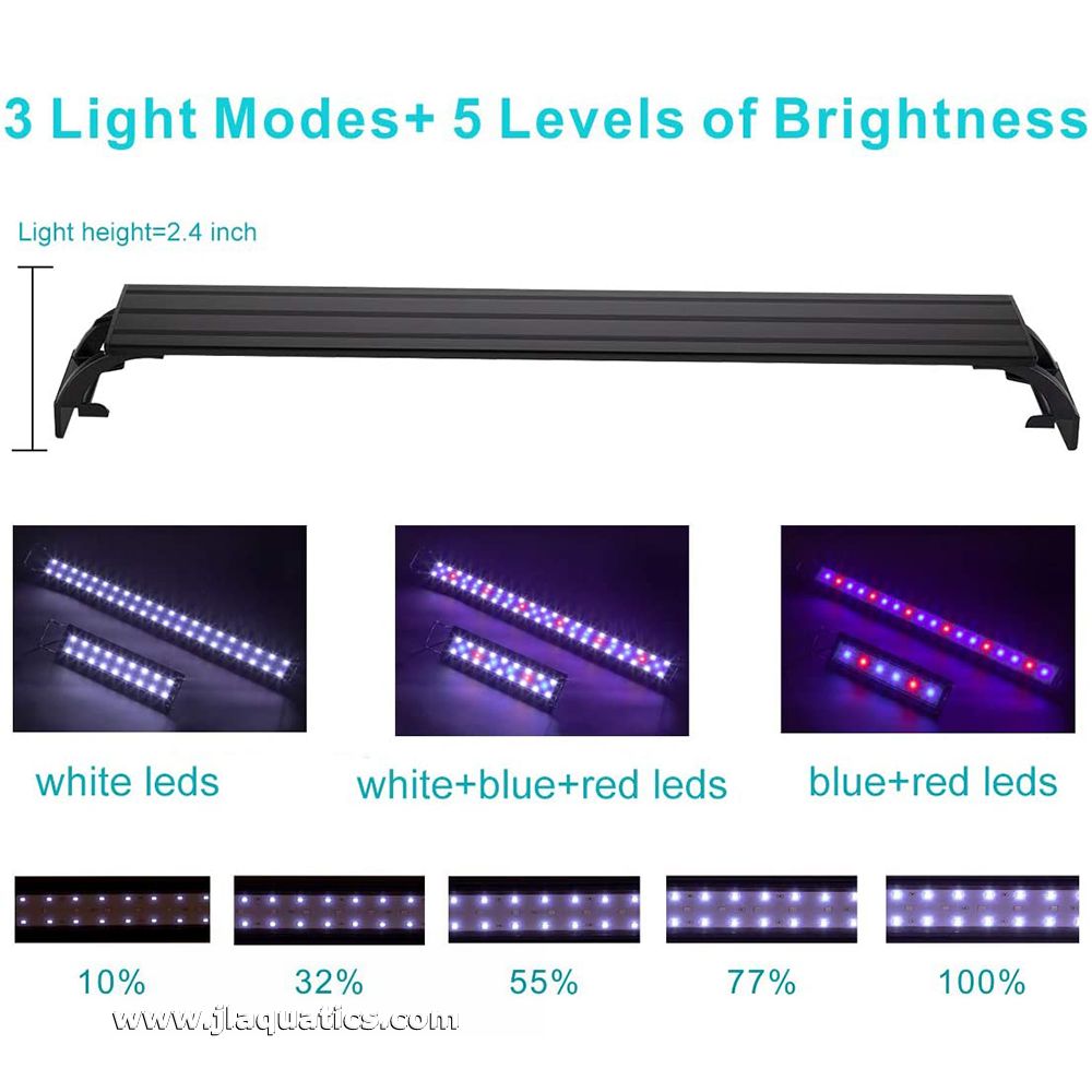 The Hygger Full Spectrum LED Aquarium Light offers 3 light modes and 5 levels of brightness.
