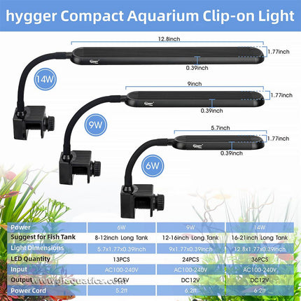Hygger Mini Clip-On Aquarium LED Light comparison on sizes and specifications for this LED light for aquariums.
