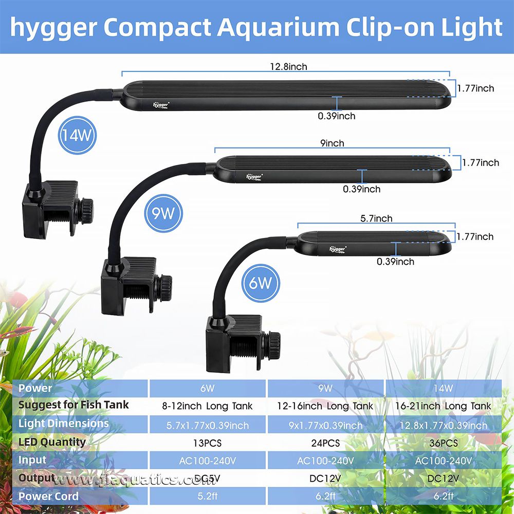Hygger Mini Clip-On Aquarium LED Light comparison on sizes and specifications for this LED light for aquariums.
