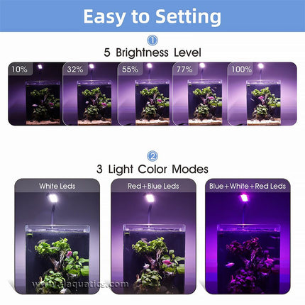 Setting the different brightness and color modes is easy with the Hygger Mini Clip-On Aquarium LED Light 
