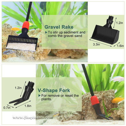 Hygger Small Multi-Use Aquarium Cleaning Kit  comes with a gravel rack and v-shape fork for handling plants.