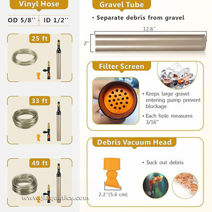 The Hygger No Spill Gravel Vacuum specifications and features of this aquarium gravel cleaner and water changer.