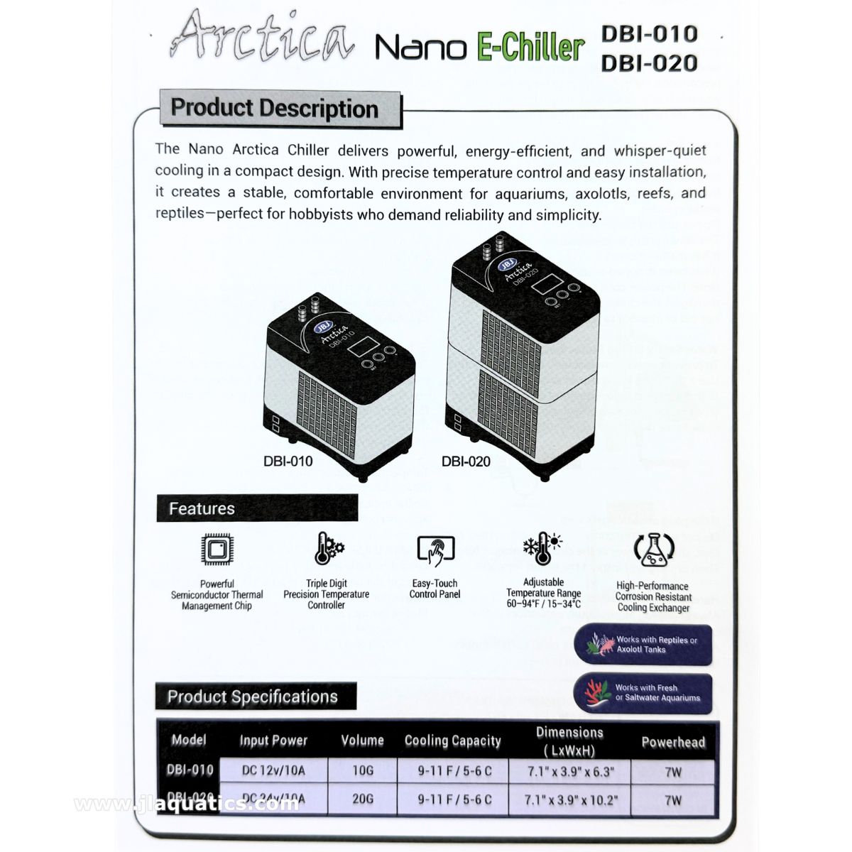 JBJ Nano Arctica E-Chiller - product specifications by model