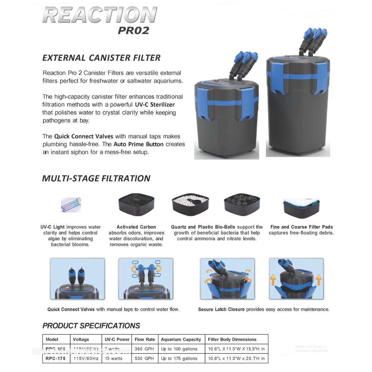 JBJ Reaction Pro 2 Canister Filter with UV product specifications and filtration information