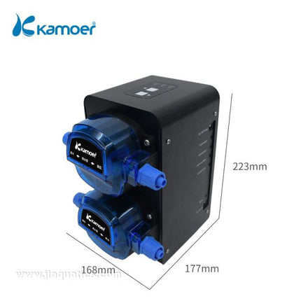 Kamoer X2SR Auto Water Change Pump 3/4 view showing dimensions of aquarium dosing pump