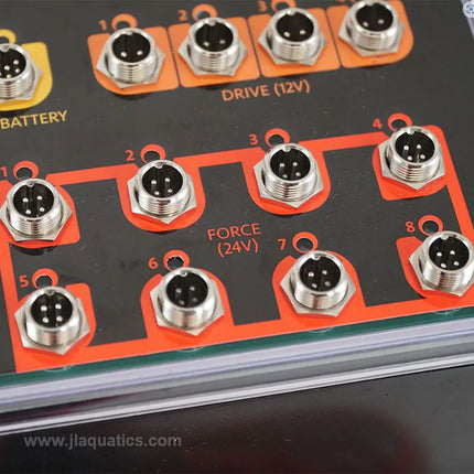 Hydros Kraken Power Center close-up of force port and battery back-up inputs for aquarium power control