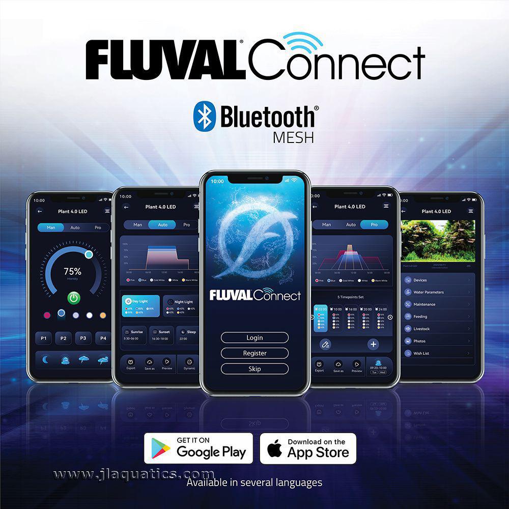 Fluval Plant 4.0 LED Aquarium Light functions with FluvalConnect app, using Wifi or Bluetooth.