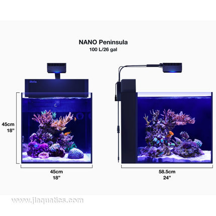 Red Sea Max Nano Peninsula aquarium dimensions - front and side