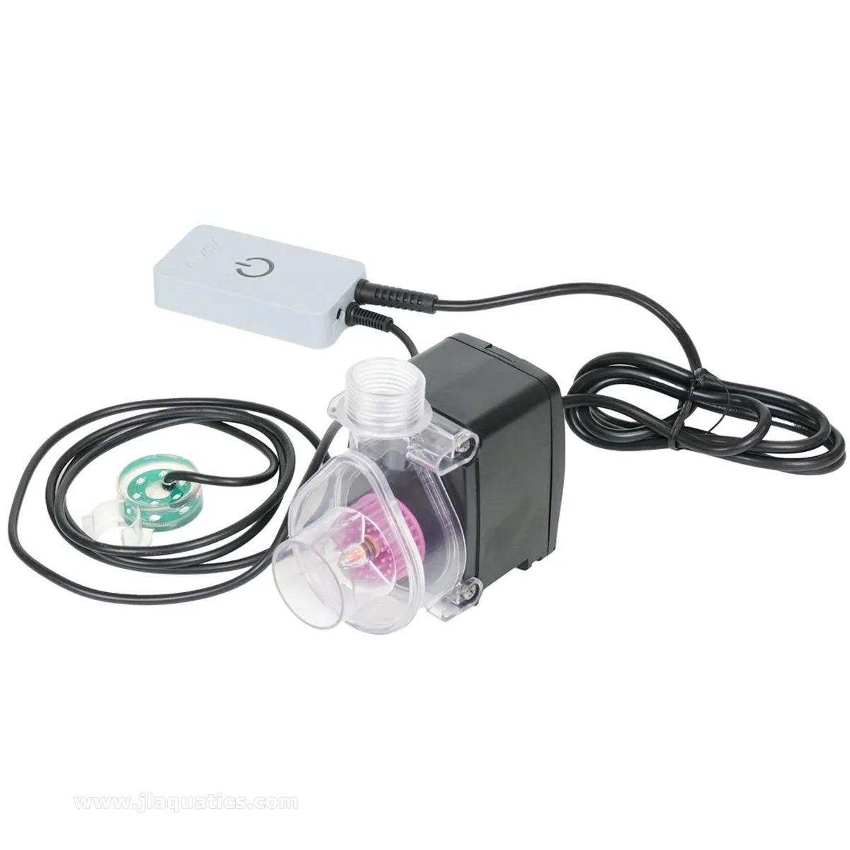 Nyos Quantum 160 EQ Upgrade Kit close-up of parts included, pump, controller, and LED skimmer lighting