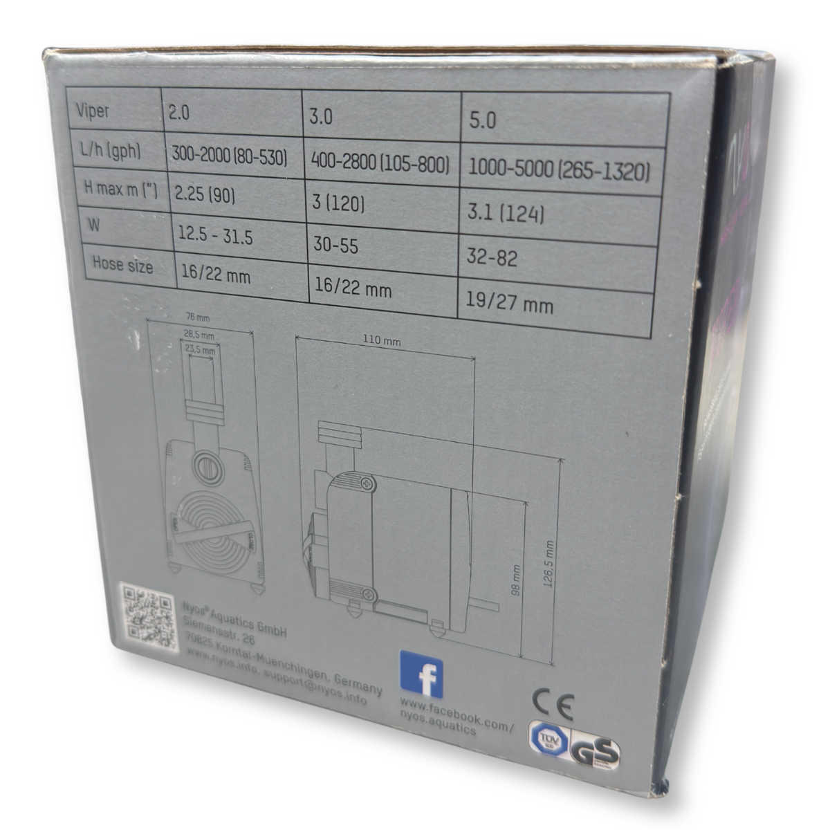 Nyos Viper Water Pump specifications and comparison between models 2.0, 3.0, and 5.0
