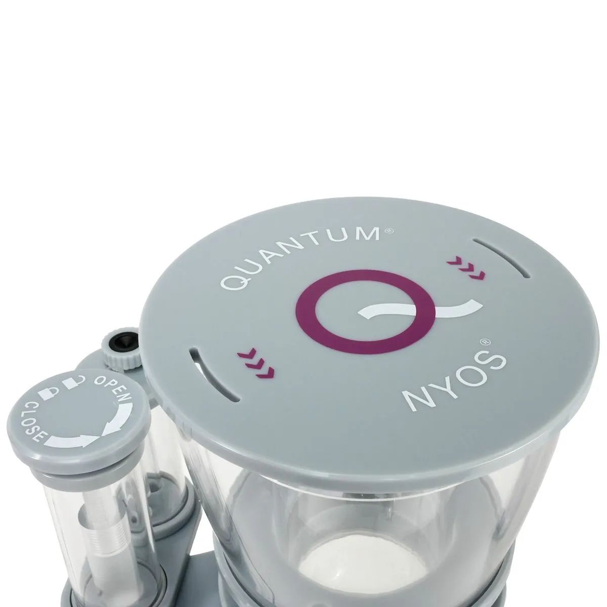 Close-up of collection cup and water level control for the Nyos Quantum 220 EQ Protein Skimmer