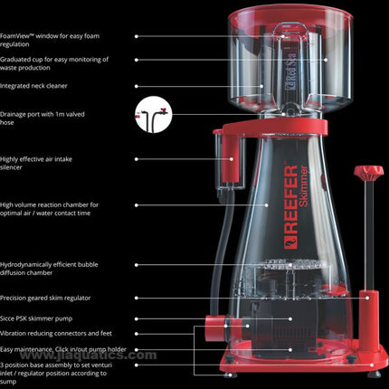 Red Sea Reefer Skimmer 300 bullet point features pointed out on the skimmer.