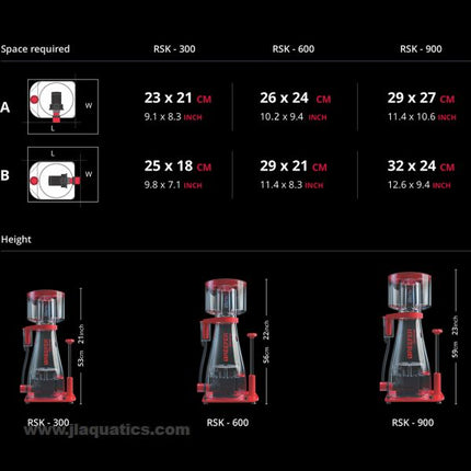 Red Sea Reefer Skimmer 300 dimensions and comparison to other reefer skimmer dimensions.