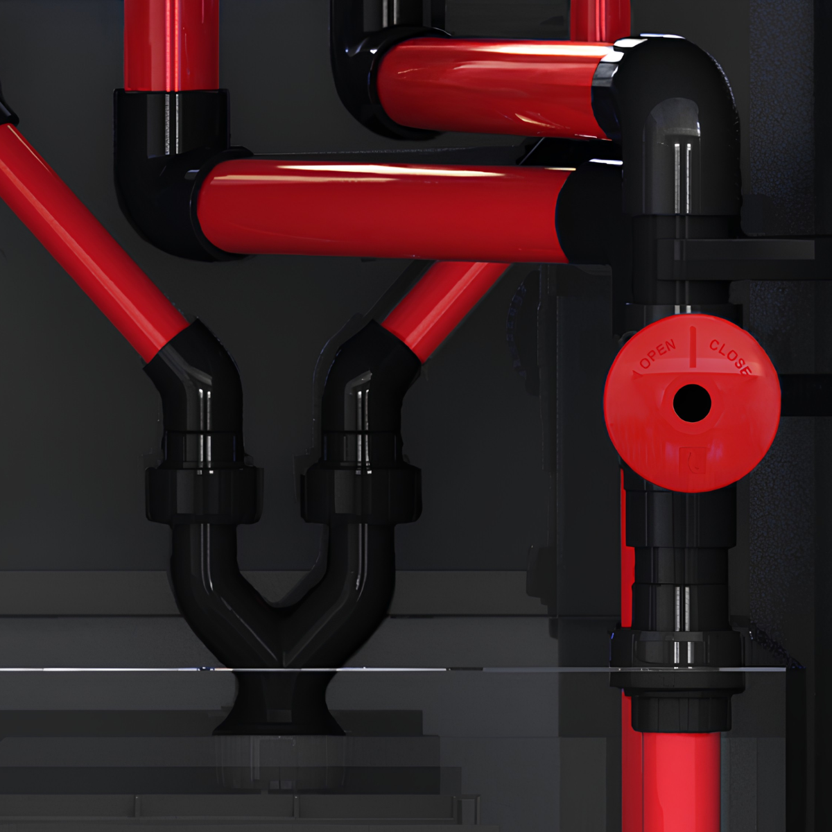 Red Sea Reef-Frame close up of plumbing with high-precision flow valve