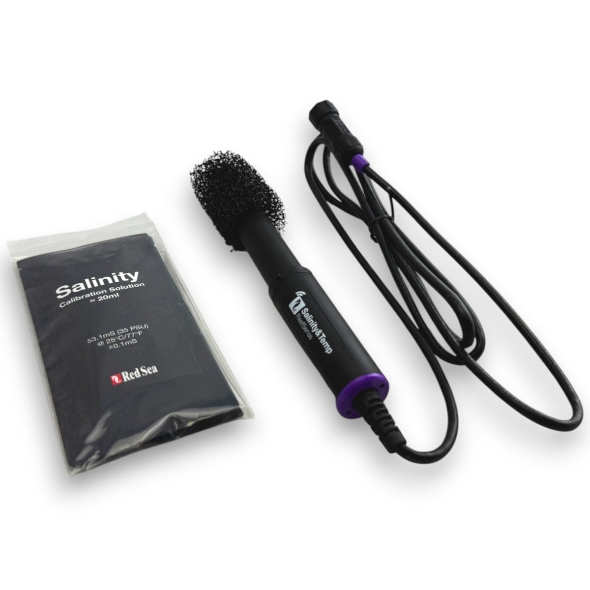 Red Sea ReefSense Salinity & Temperature Probe all items included, featuring salinity calibration solution