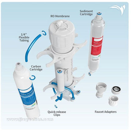 Aquatic Life RO Buddie 3 Stage - 100 GPD different assembly parts labelled with accessories
