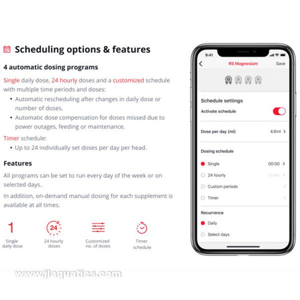 Red Sea ReefDose 2 scheduling and feature options in the ReefBeat app.