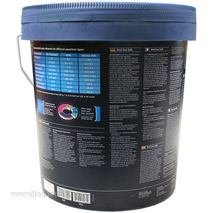 Red Sea Salt - Blue Bucket - back of bucket showing instructions and guidelines in different languages.