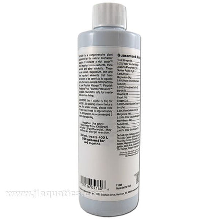 SeaChem Flourish for freshwater aquariums- 250ml back of bottle with instructions