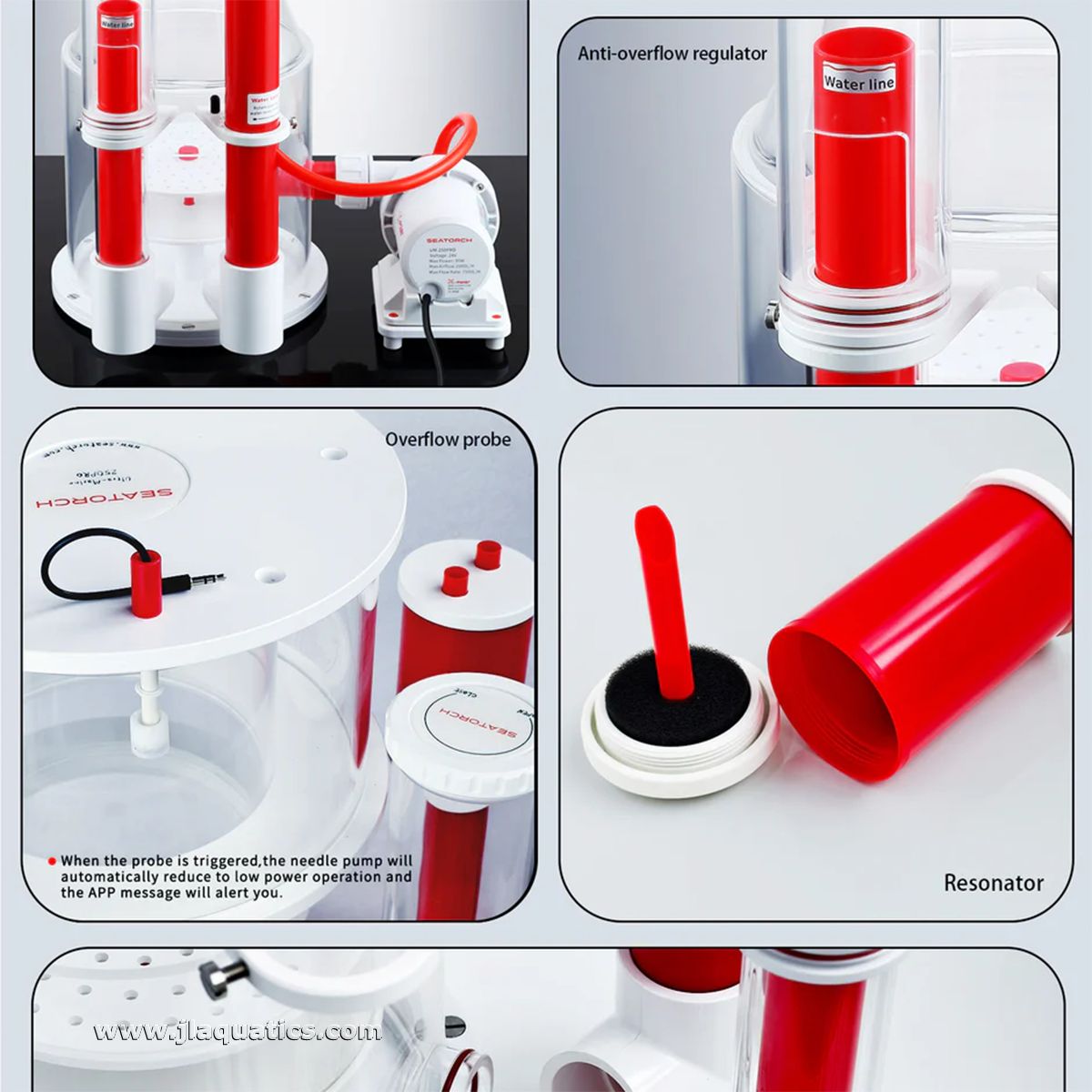 Seatorch Ultra Marine 300IN Protein Skimmer features: anti-overflow regulator, overflow probe, and resonator 