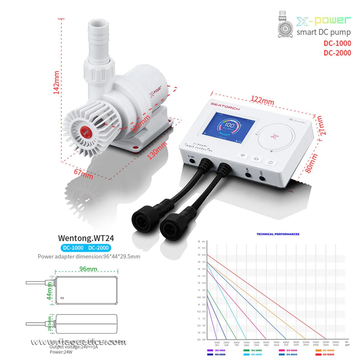 Seatorch X-Power Smart DC Pump and smart controller dimensions for DC-1000 and DC-2000