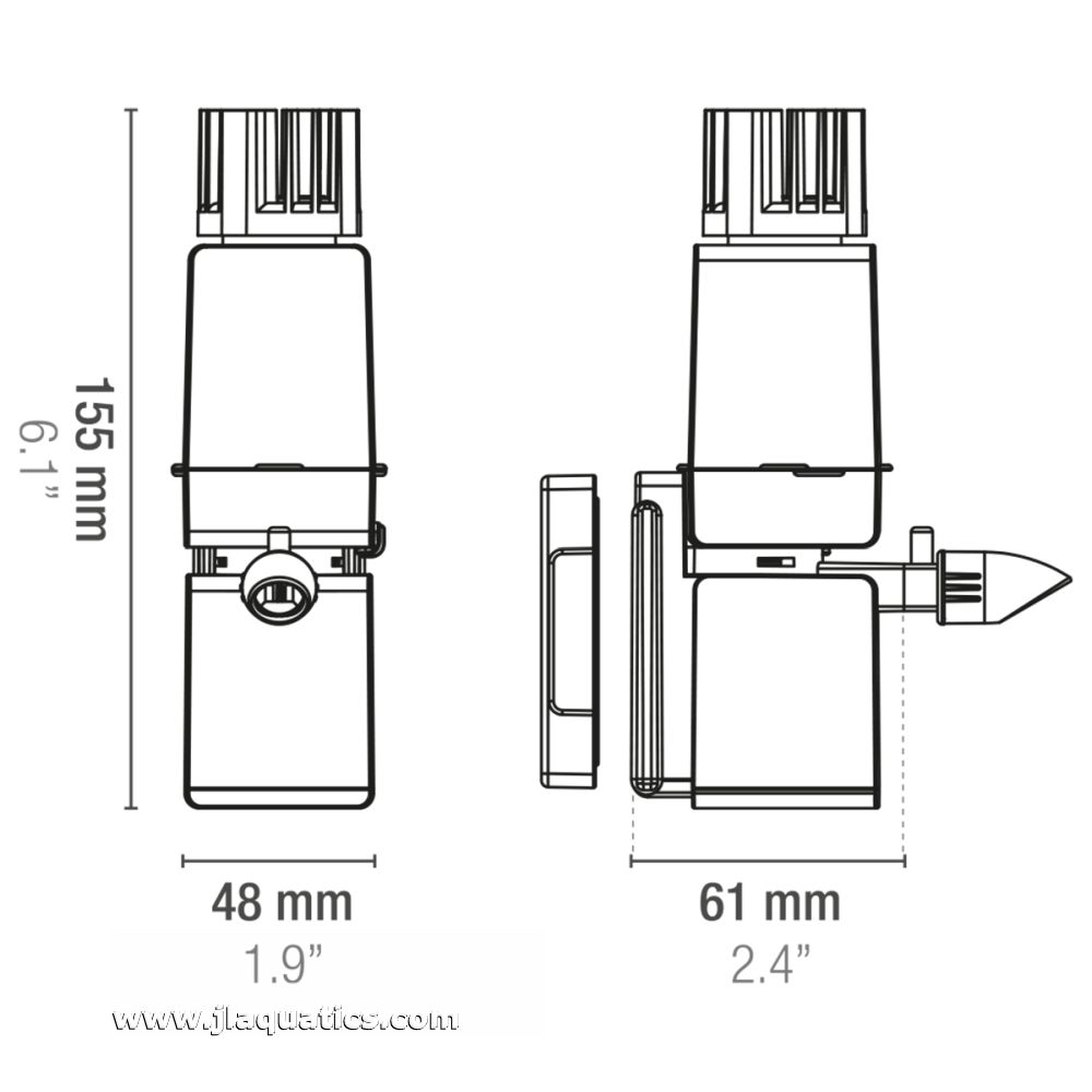 Diagram of the Sicce Shark Mini Skim 350 Surface Skimmer including product dimensions