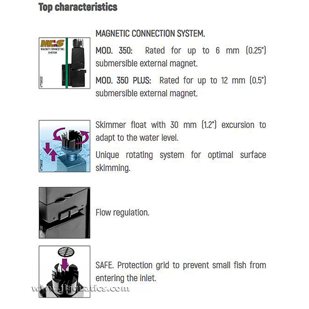 Sicce Shark Mini Skim 350 Plus Surface Skimmer features a magnetic connection system, a unique rotating system for optimal surface skimming, and a protection grid to keep small fish safe.