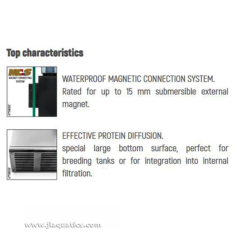The Sicce Shark 150 Internal Skimmer features a waterproof magnetic connection system and a large bottom surface for effective protein diffusion