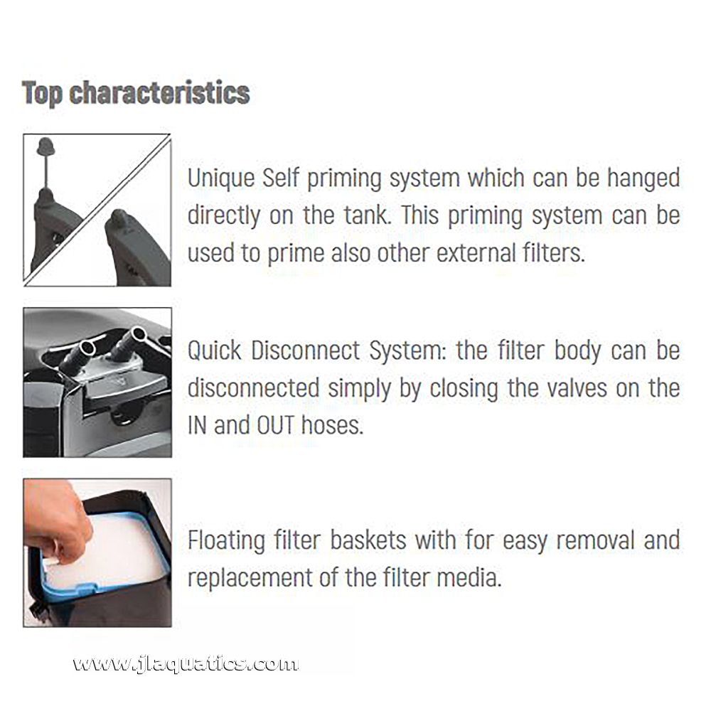 Features of the Sicce Whale 120 Canister Filter include a self priming system, quick disconnect system, and floating filter baskets.