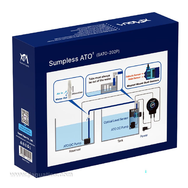 XP Aqua Sumpless ATO2 back of retail packaging showing set-up in an aquarium