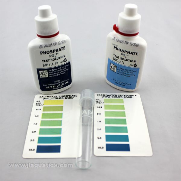 API Phosphate Test Kit reagents and color chart of retail package for testing aquariums.