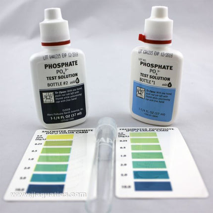 API Phosphate Test Kit close-up of reagents and color charts that are used to test phosphates in saltwater aquariums