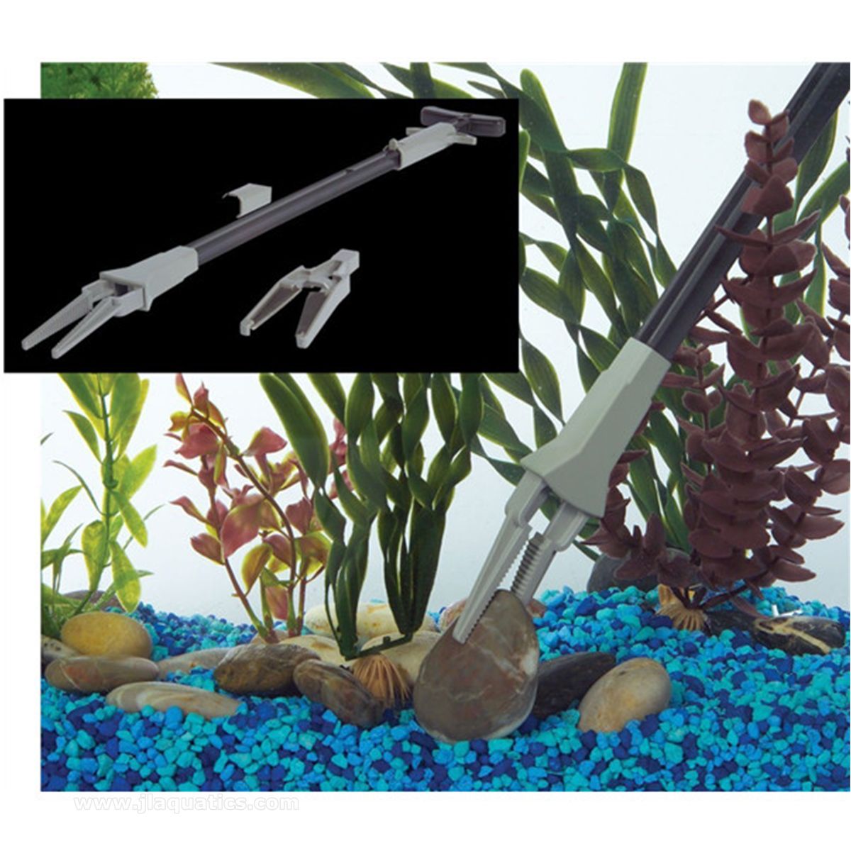 Tom Aquatic Gardener Multi-Tool in use showing replaceable tongs for different uses