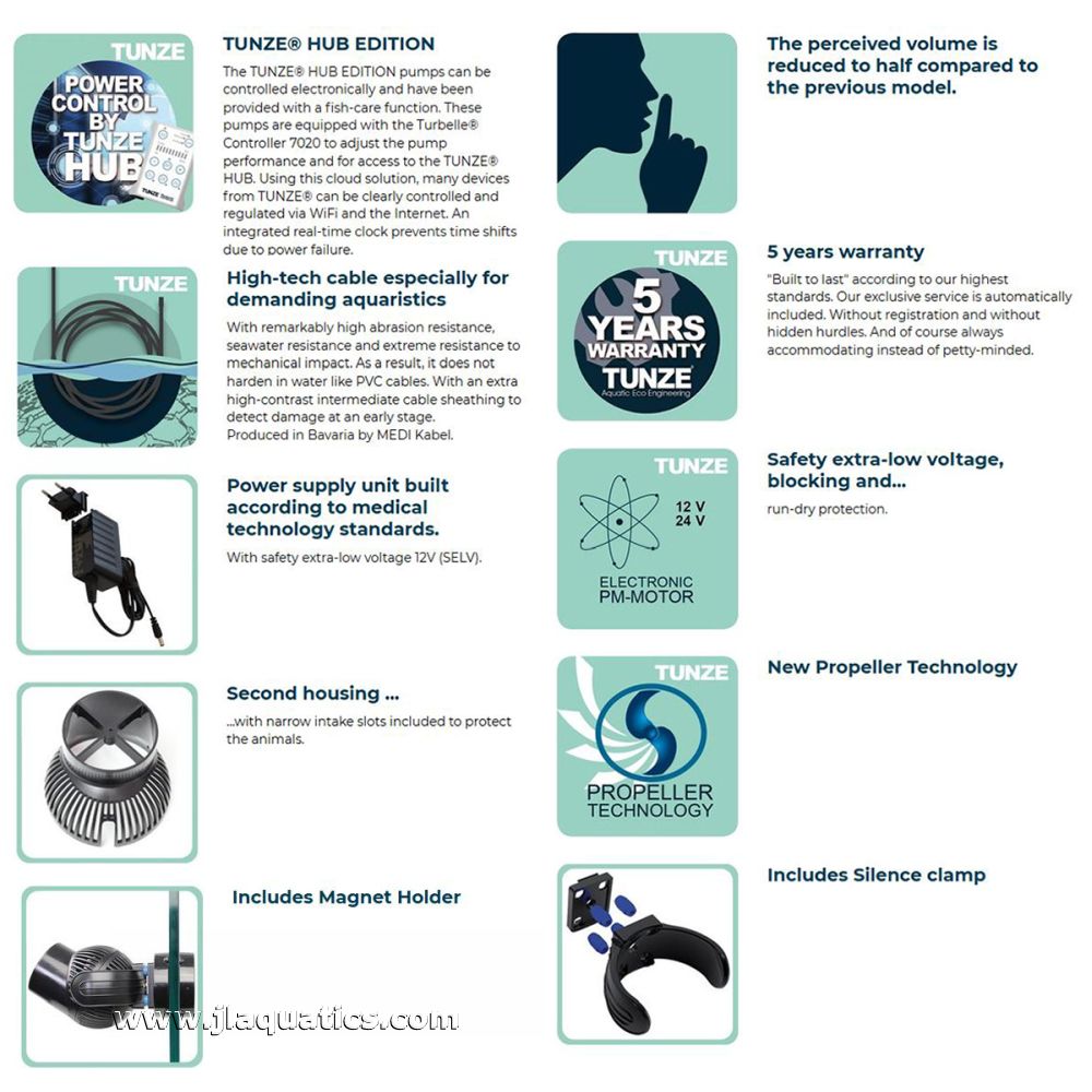 Tunze Turbelle Nanostream Pump - 6095 HUB Edition features a magnet holder, second housing, a silence clamp for reduced volume, and a high tech cable.