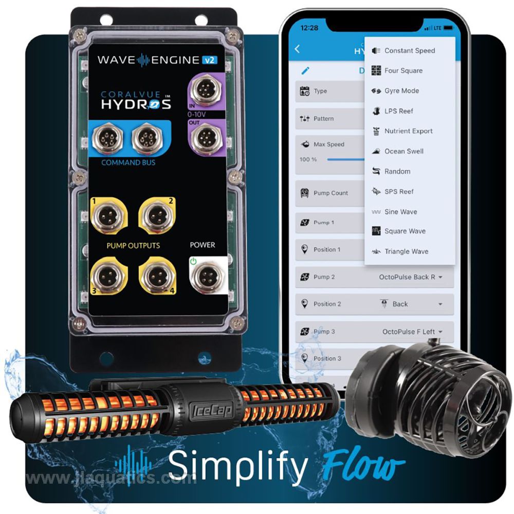 Hydros Wave Engine v2 app view and pumps running in a reef tank.