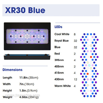 Ecotech Radion G6 XR30 Blue LED Light dimensions and types of leds