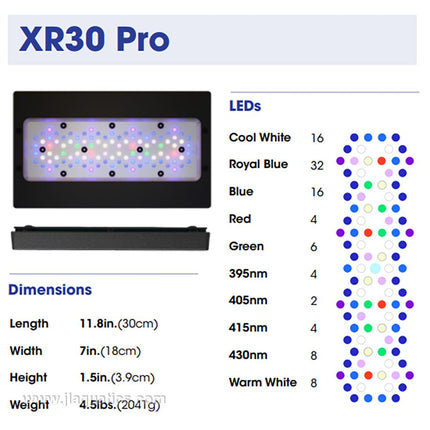 Ecotech Radion G6 XR30 Pro LED Light dimensions and types of leds